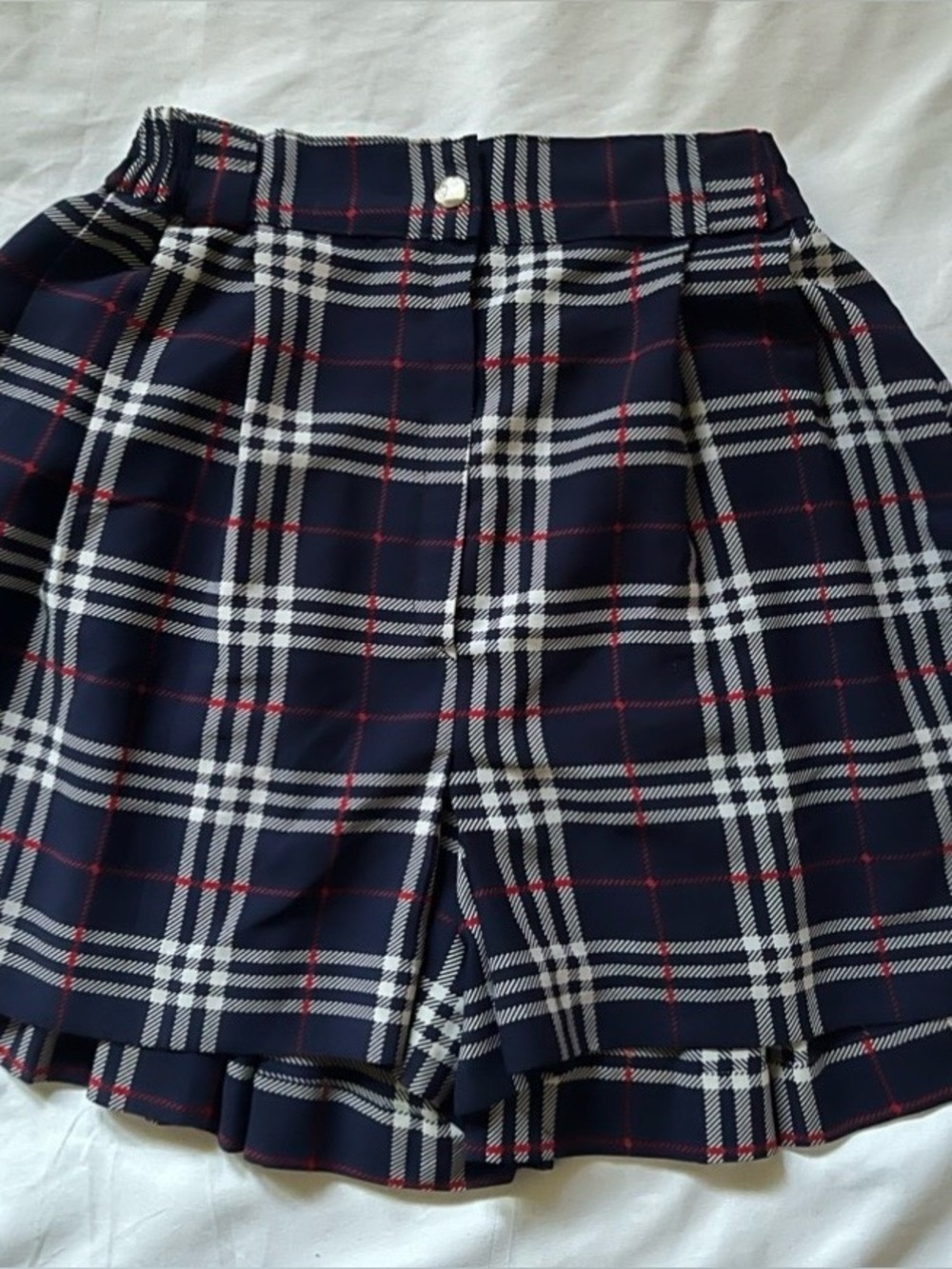Korean Style Navy Plaid Pleated Skort with Red & White Lines